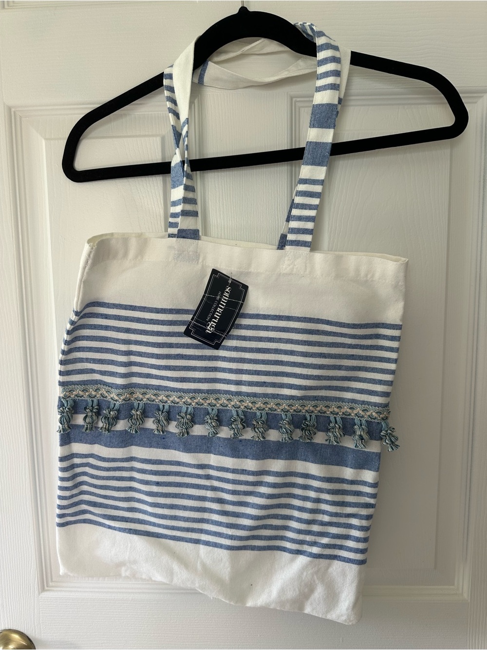 Striped Blue and White Tote Bag with Tassel Trim